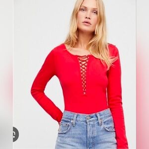 Free People Jacqui Red Lace Up Fitted Top Small